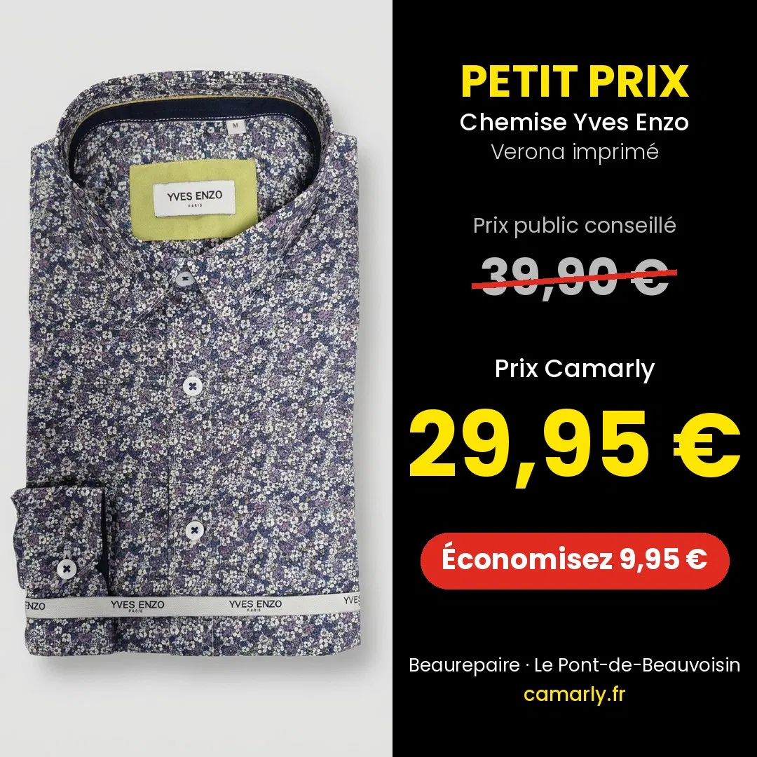 Chemise Yves Enzo Verona imprimée : prix public conseillé 39,90 €, prix Camarly 29,95 €