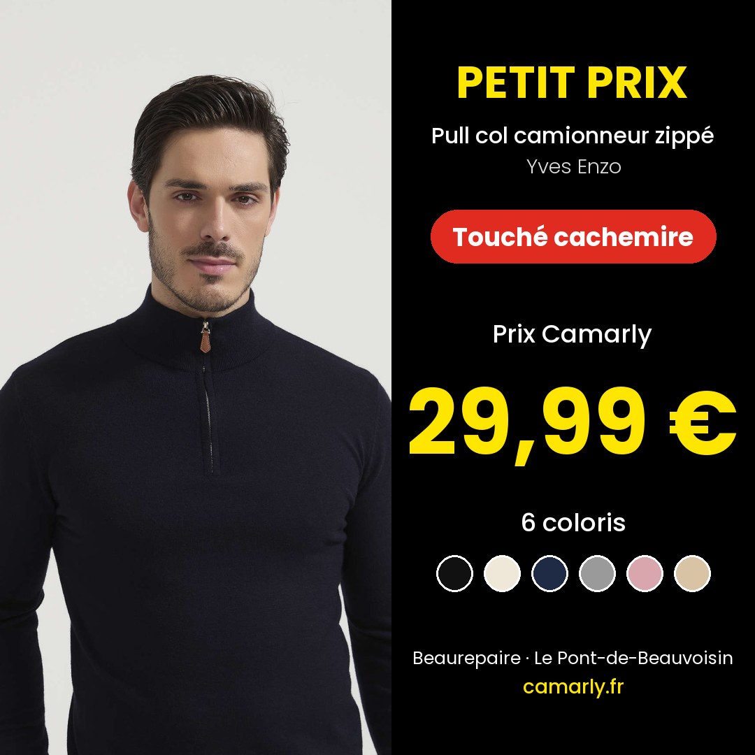 Pull col camionneur zippé Yves Enzo, touché cachemire, 6 coloris : 29,99 €